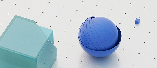 Permatomų mėlynų ir žalsvų kubinių formų vizualizacija ant techninio tinklelio, simbolizuojanti skaitmeninio modeliavimo technologijų taikymą studijose ir mokymo procesuose KTU.